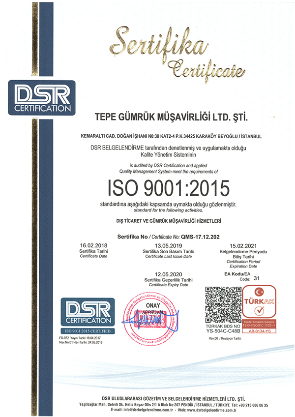 Şirketimiz, TÜRKAK ISO 9001:2015 Kalite Yönetim Sistemi Standartları denetlemesini bu yılda başarı ile tamamlamıştır.